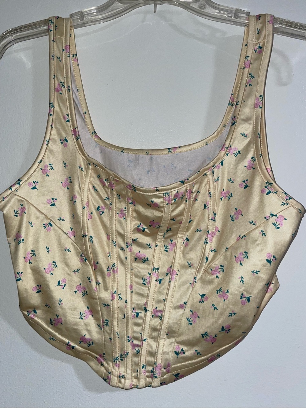 SHEIN Cream Satin Floral Corset Camisole with Pink Roses